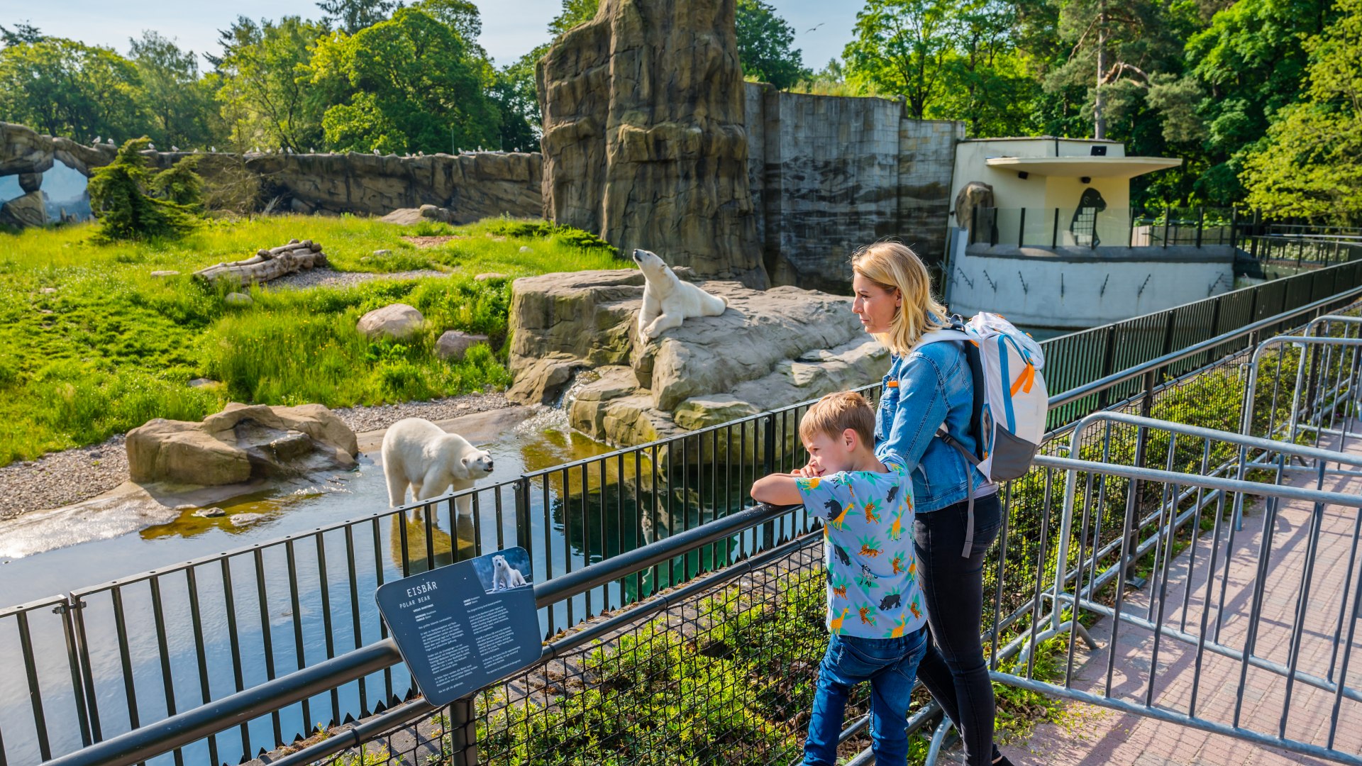 Erik und seine Mutter im Polarium des Rostocker Zoos. Sie schauen auf das Eisb&auml;rengehege mit den Eisb&auml;ren.