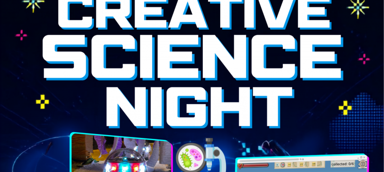 Abgebildet ist der Titel der Veranstaltung "Creative Science Night". Darunter sind kleine Roboter "Ozobots". // &copy; Stadtbibliothek Stralsund