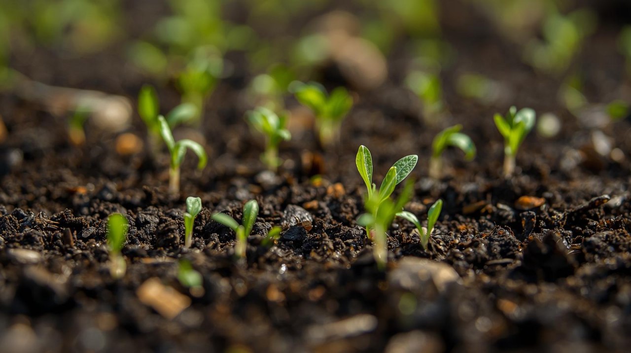 kleine scheuten groeien uit donkerbruine bovengrond // &copy; Unterst&uuml;tzung durch KI
