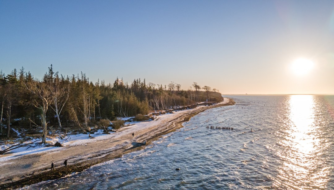 Winterstrand bij Torfbr&uuml;cke Graal-M&uuml;ritz met besneeuwde bomen, glinsterende Baltische Zee en een zonsondergang aan de horizon.