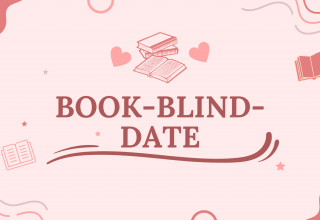 rosafarbener Hintergrund mit gezeichneten B&uuml;chern und Herzen, Schrift Book-Blind-Date, &copy; Stadtbibliothek Stralsund