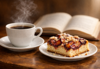 Sonntagskaffee & Buch, &copy; KI-generierte Bildkomposition