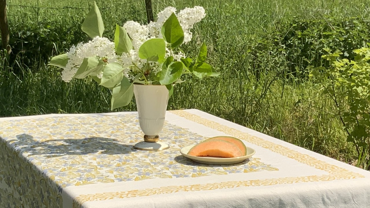 Im Obstgarten, handgedruckte Tischdecke // &copy; Felix Koschinsky