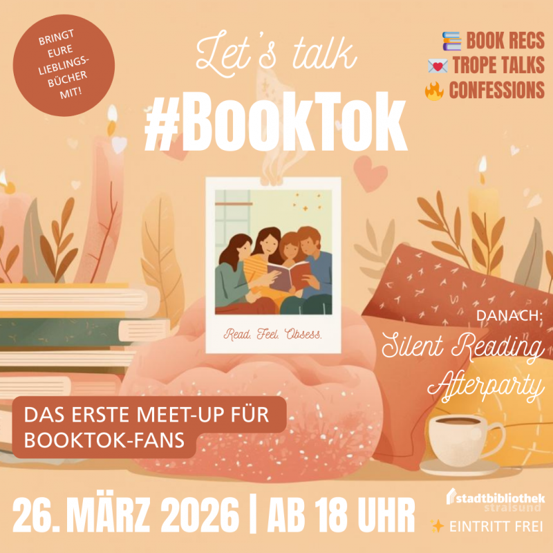 ein orangefarbenes Plakat mit den Informationen zum BookTok-Treffen, © Stadtbibliothek Stralsund mit KI ein orangefarbenes Plakat mit den Informationen zum BookTok-Treffen, © Stadtbibliothek Stralsund mit KI