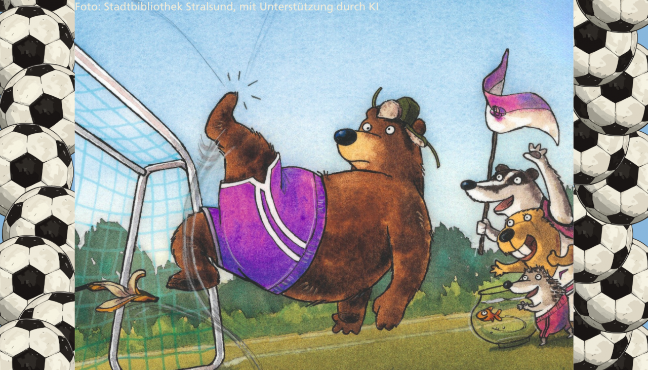 Ausschnitt vom Buchcover, ein B&ouml;r in einer kurzen lila Turnhose schie&szlig;t aufs Fu&szlig;balltor, andere Tiere jubeln am Rand und schwenken eine Fahne, &copy; Stadtbibliothek Stralsund