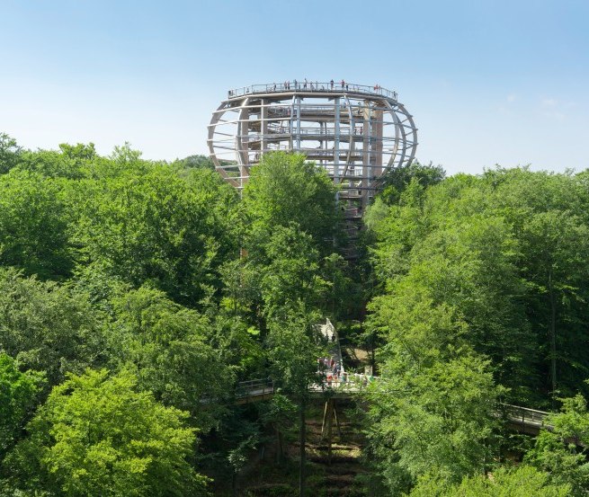 Der Baumwipfelpfad mit dem Aussichtsturm „Adlerhorst“ liegt inmitten eines Buchenwaldes in Prora auf der Insel Rügen. // © Erlebnis Akademie AG / Naturerbe Zentrum Rügen Der Baumwipfelpfad mit dem Aussichtsturm „Adlerhorst“ liegt inmitten eines Buchenwaldes in Prora auf der Insel Rügen. // © Erlebnis Akademie AG / Naturerbe Zentrum Rügen