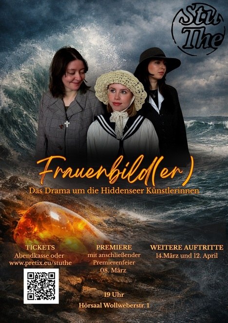 Flyermotiv zur Veranstaltung: 3 Frauen vor wogenden Wellen über dem Leuchten von Bernstein // © StuThe Greifswald e.V. Flyermotiv zur Veranstaltung: 3 Frauen vor wogenden Wellen über dem Leuchten von Bernstein // © StuThe Greifswald e.V.