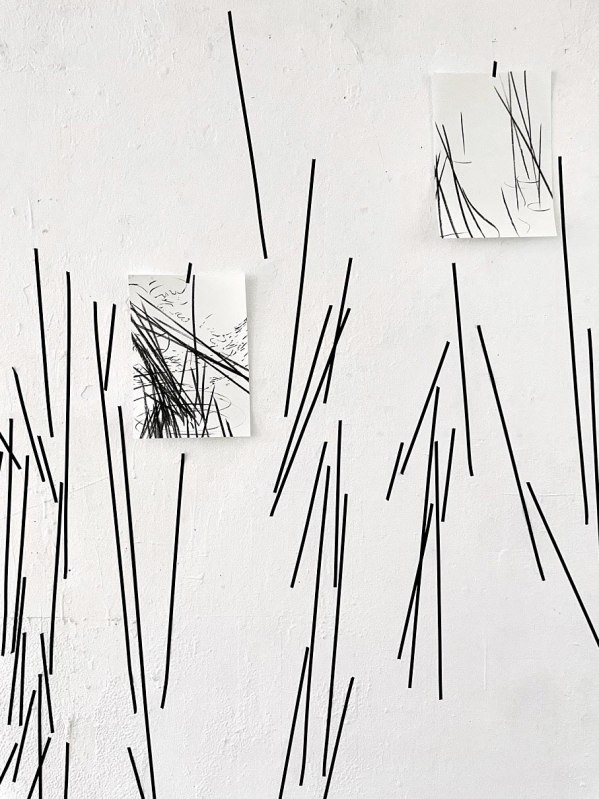 Julia Pietschmann: Installationsansicht "Schwarz auf Weiß" Symposium, 2024, ArToll Kunstlabor, Bedburg-Hau, Tape auf Wand mit Objekt und Zeichnungen aus der Serie "Stock auf Stock", 2021-24 // © Peitschmann Julia Pietschmann: Installationsansicht "Schwarz auf Weiß" Symposium, 2024, ArToll Kunstlabor, Bedburg-Hau, Tape auf Wand mit Objekt und Zeichnungen aus der Serie "Stock auf Stock", 2021-24 // © Peitschmann