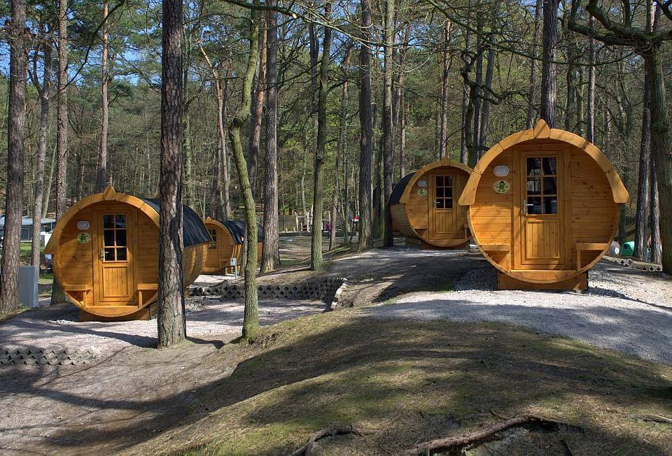 Die Schlaffässer auf dem Campingplatz Pommernland unter Bäumen auf der Insel Usedom // © A. Beggerow Die Schlaffässer auf dem Campingplatz Pommernland unter Bäumen auf der Insel Usedom // © A. Beggerow