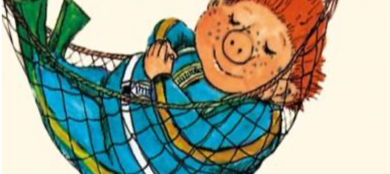 Das Sams liegt zufrieden lächend in einer Hängematte., © Paul Maar: Eine Woche voller Samstag, Oetinger Verlag Das Sams liegt zufrieden lächend in einer Hängematte., © Paul Maar: Eine Woche voller Samstag, Oetinger Verlag