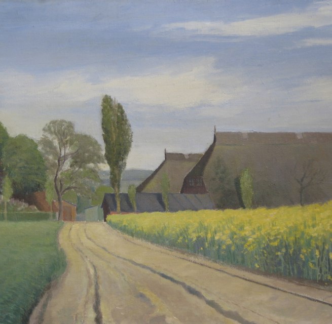 Karl Christian Klasen: Rapsfeld mit Bauernh&auml;usern. // &copy; Karl Christian Klasen Gesellschaft e.V.