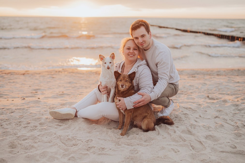 Paar-Fotoshooting mit Hund bei Sonnenuntergang am Ostseestrand, © Deine Hundefotografin Paar-Fotoshooting mit Hund bei Sonnenuntergang am Ostseestrand, © Deine Hundefotografin