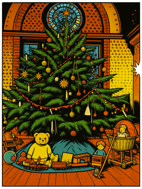 Der Weihnachtsbaum im Festsaal des M&ouml;ckelhauses im Stil einer Zeichnung aus einem M&auml;rchenbuch. // &copy; Stadt- und B&auml;dermuseum Bad Doberan