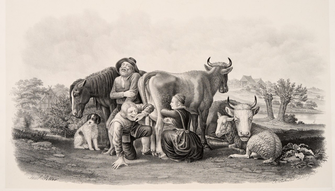 (nach dem Gem&auml;lde &bdquo;Die Melkerin&ldquo; von Paulus Potter), Lithografie, vermutlich 1827, &copy; Stiftung Mecklenburg, Inv.-Nr. 2025/19