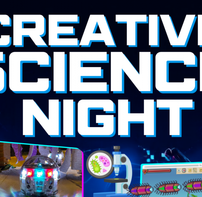 Abgebildet ist der Titel der Veranstaltung "Creative Science Night". Darunter sind kleine Roboter "Ozobots". // &copy; Stadtbibliothek Stralsund