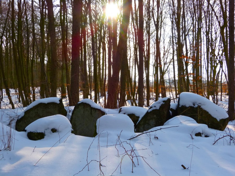 Winterromantik am Megalithgrab "Krampas" mit schneebedeckten Tragsteinen, © Archäo Tour Rügen