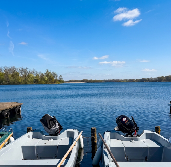 Blick vom Bootssteg &uuml;ber den Krakower See bei strahlendem Sonnenschein. Im Vordergrund liegen mehrere Ruder- und Motorboote der Bootsvermietung der Feriensiedlung Kiefernhain am Steg, Im Hintergrund erstreckt sich die weite, ruhige Wasserfl&auml;che mit bewaldeten Ufern. // &copy; Feriensiedlung Kiefernhain