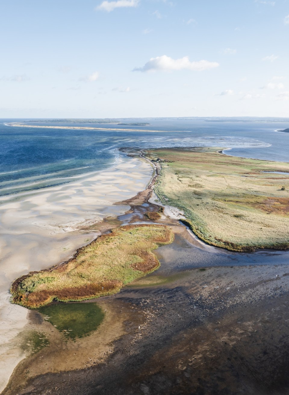   Luftaufnahme der K&uuml;ste bei Gollwitz auf der Insel Poel mit Sandb&auml;nken und gr&uuml;nem K&uuml;stenstreifen.