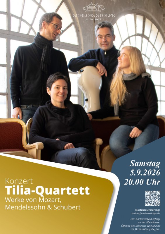 Abgebildet sind die vier Musiker des Tiliaquartetts, eingebettet in das Logo des Schlosses, verbunden mit den organisatorischen Angaben zum Konzert // © Kommunikationsdesign Gottert Abgebildet sind die vier Musiker des Tiliaquartetts, eingebettet in das Logo des Schlosses, verbunden mit den organisatorischen Angaben zum Konzert // © Kommunikationsdesign Gottert