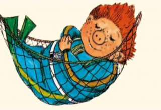 Das Sams liegt zufrieden lächend in einer Hängematte., © Paul Maar: Eine Woche voller Samstag, Oetinger Verlag Das Sams liegt zufrieden lächend in einer Hängematte., © Paul Maar: Eine Woche voller Samstag, Oetinger Verlag