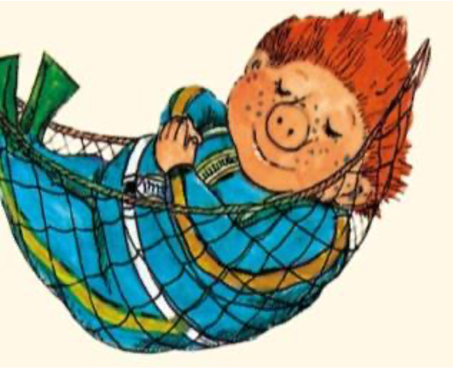 Das Sams liegt zufrieden lächend in einer Hängematte., © Paul Maar: Eine Woche voller Samstag, Oetinger Verlag Das Sams liegt zufrieden lächend in einer Hängematte., © Paul Maar: Eine Woche voller Samstag, Oetinger Verlag