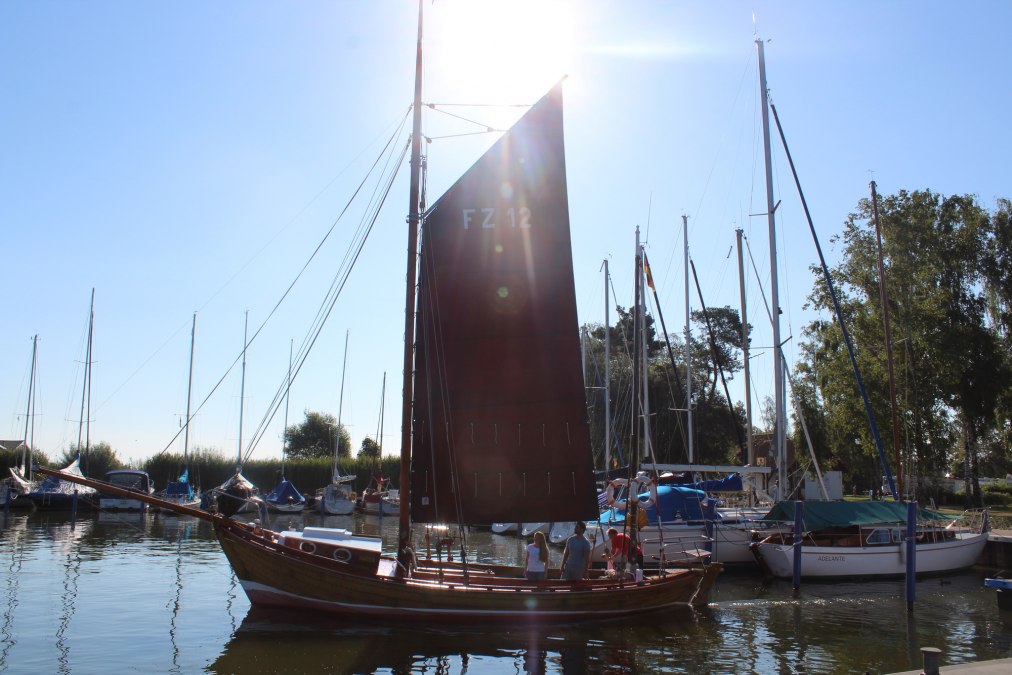 Das Zeesenboot von Alwin Harder am kleinen Hafen im Erholungsort Mönkebude, © TVV/Spittel Das Zeesenboot von Alwin Harder am kleinen Hafen im Erholungsort Mönkebude, © TVV/Spittel