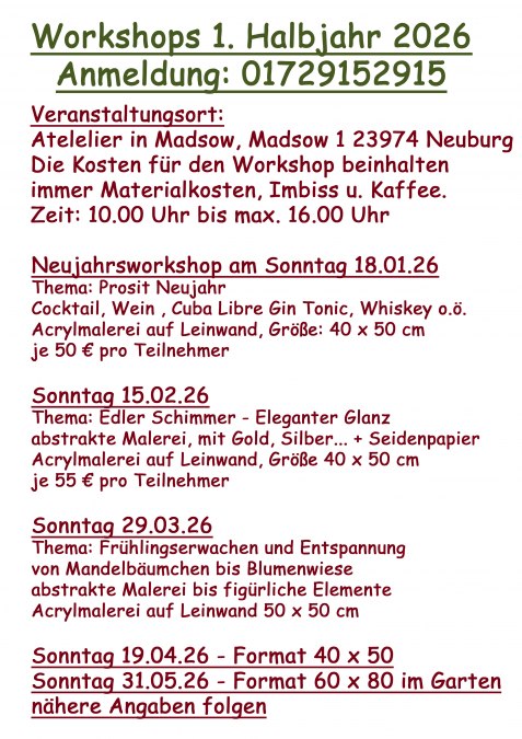 Übersicht Workshops 1. Halbjahr 2026, © Annette Mamerow-Brümmer Übersicht Workshops 1. Halbjahr 2026, © Annette Mamerow-Brümmer