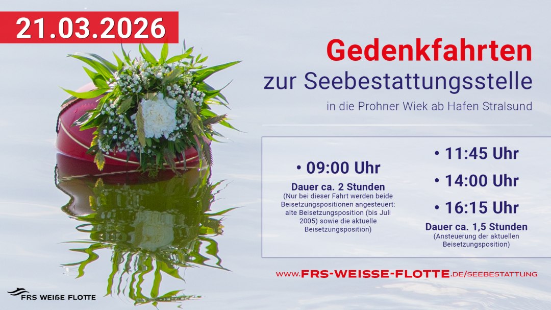 Gedenkfahrten am 21.03.2026
mit dem Fahrgastschiff 'Sundevit', &copy; Wei&szlig;e Flotte GmbH