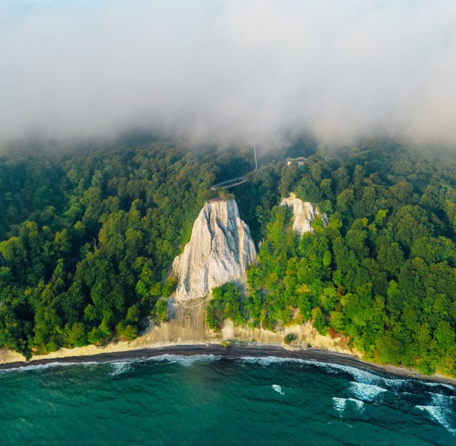 Eine beeindruckende Steilk&uuml;ste mit wei&szlig;en Kreidefelsen, dicht bewaldeten H&auml;ngen und dem Meer im Vordergrund. // &copy; Nationalpark-Zentrum K&Ouml;NIGSSTUHL / Dan Petermann