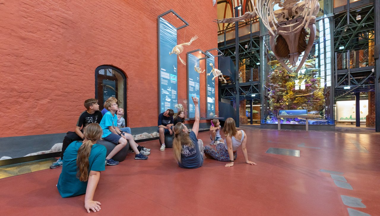 Personen sitzen in einem Kirchengeb&auml;ude unter einem Walskelett, &copy; Anke Neumeister/Deutsches Meeresmuseum