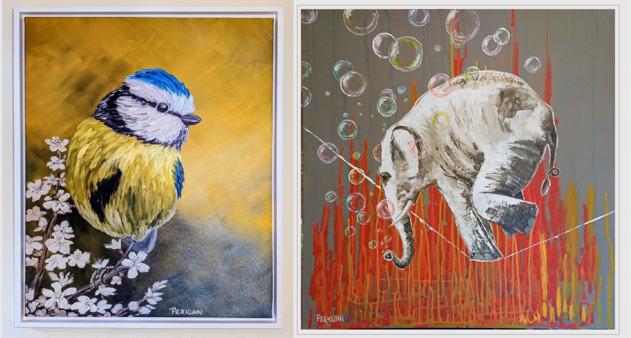 Blaumeise auf Bl&uuml;tenzweig - und Schwebender Elefant - zweimal Acryl auf Leinwand // &copy; Ren&eacute; Perkuhn