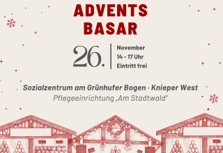 Plakat f&uuml;r den Adventsbasar im Sozialzentrum am Gr&uuml;nhufer Bogen mit weihnachtlichen Illustrationen von Marktst&auml;nden, Schneeflocken sowie Angaben zu Termin, Uhrzeit und Veranstaltungsort. // &copy; Claudia Zemke