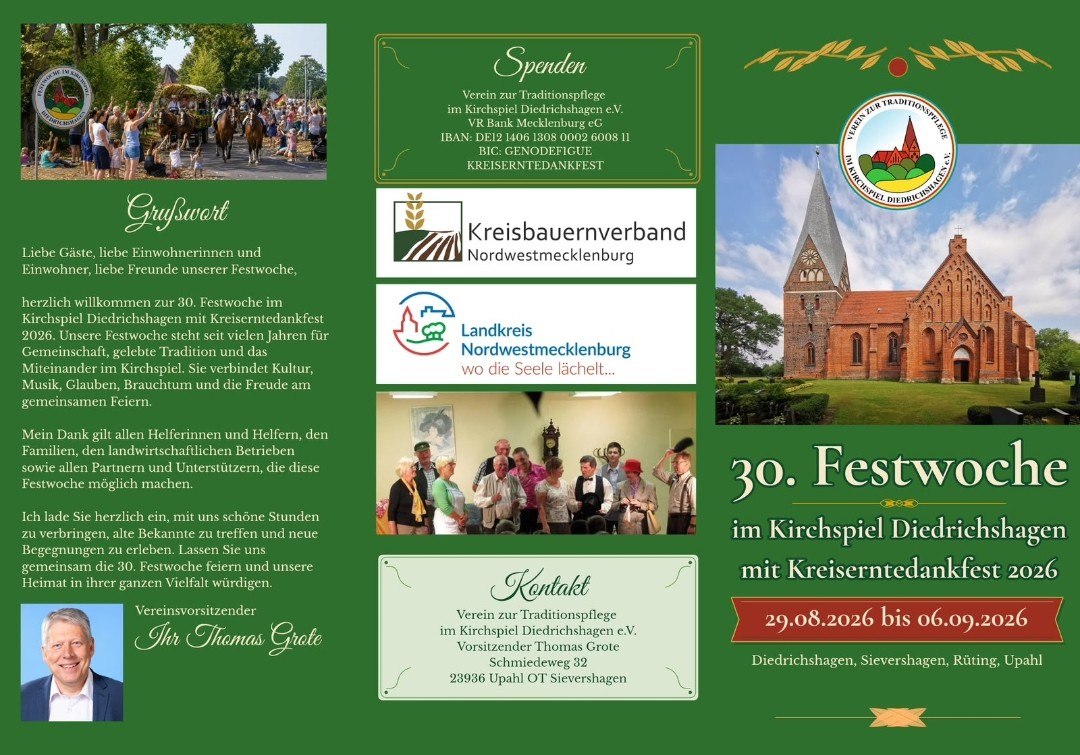 30. Festwoche im Kirchspiel Diedrichshagen mit Kreiserntefest 2026. // © Verein zur Traditionspflege im Kirchspiel Diedrichshagen 30. Festwoche im Kirchspiel Diedrichshagen mit Kreiserntefest 2026. // © Verein zur Traditionspflege im Kirchspiel Diedrichshagen