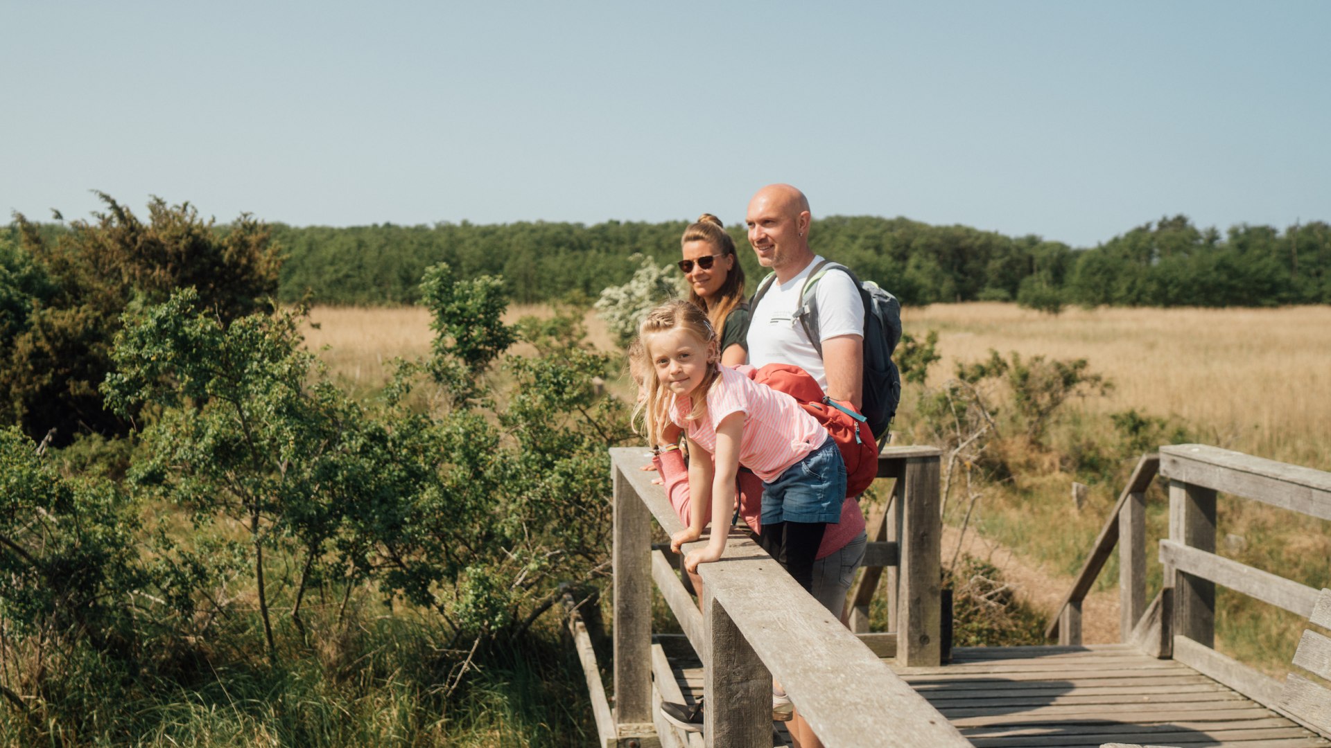 Eine Familie steht auf einem Aussichtspunkt im Nationalpark im Sommer und schaut in die Ferne.