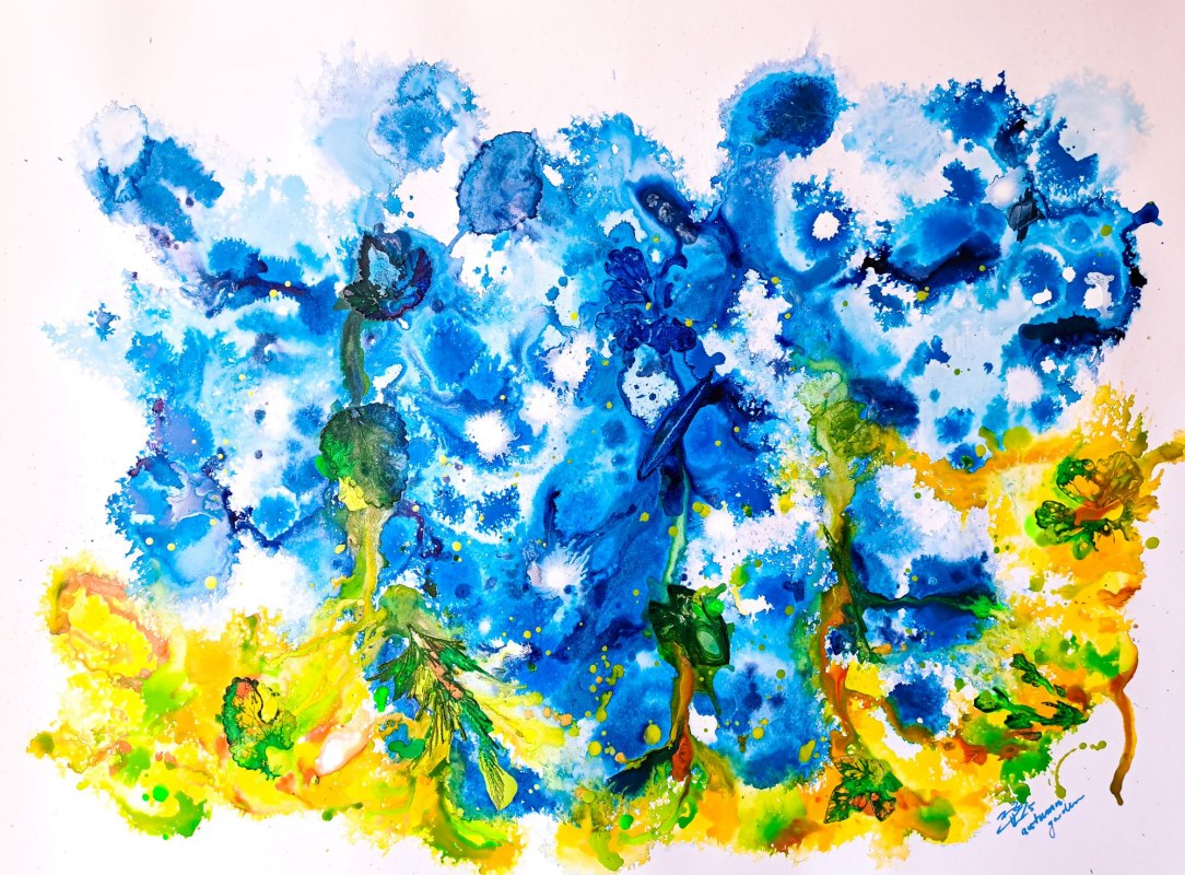 Herfsttuin - acrylverf op Finn papier - Schilderen in de tuin van de buren in de zon, de geur van rijpende peren & vogelgezang als inspiratie // &copy; Barbara Harder-Lutz