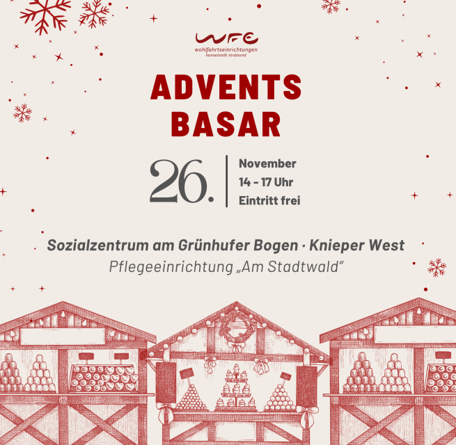 Plakat für den Adventsbasar im Sozialzentrum am Grünhufer Bogen mit weihnachtlichen Illustrationen von Marktständen, Schneeflocken sowie Angaben zu Termin, Uhrzeit und Veranstaltungsort. // © Claudia Zemke Plakat für den Adventsbasar im Sozialzentrum am Grünhufer Bogen mit weihnachtlichen Illustrationen von Marktständen, Schneeflocken sowie Angaben zu Termin, Uhrzeit und Veranstaltungsort. // © Claudia Zemke