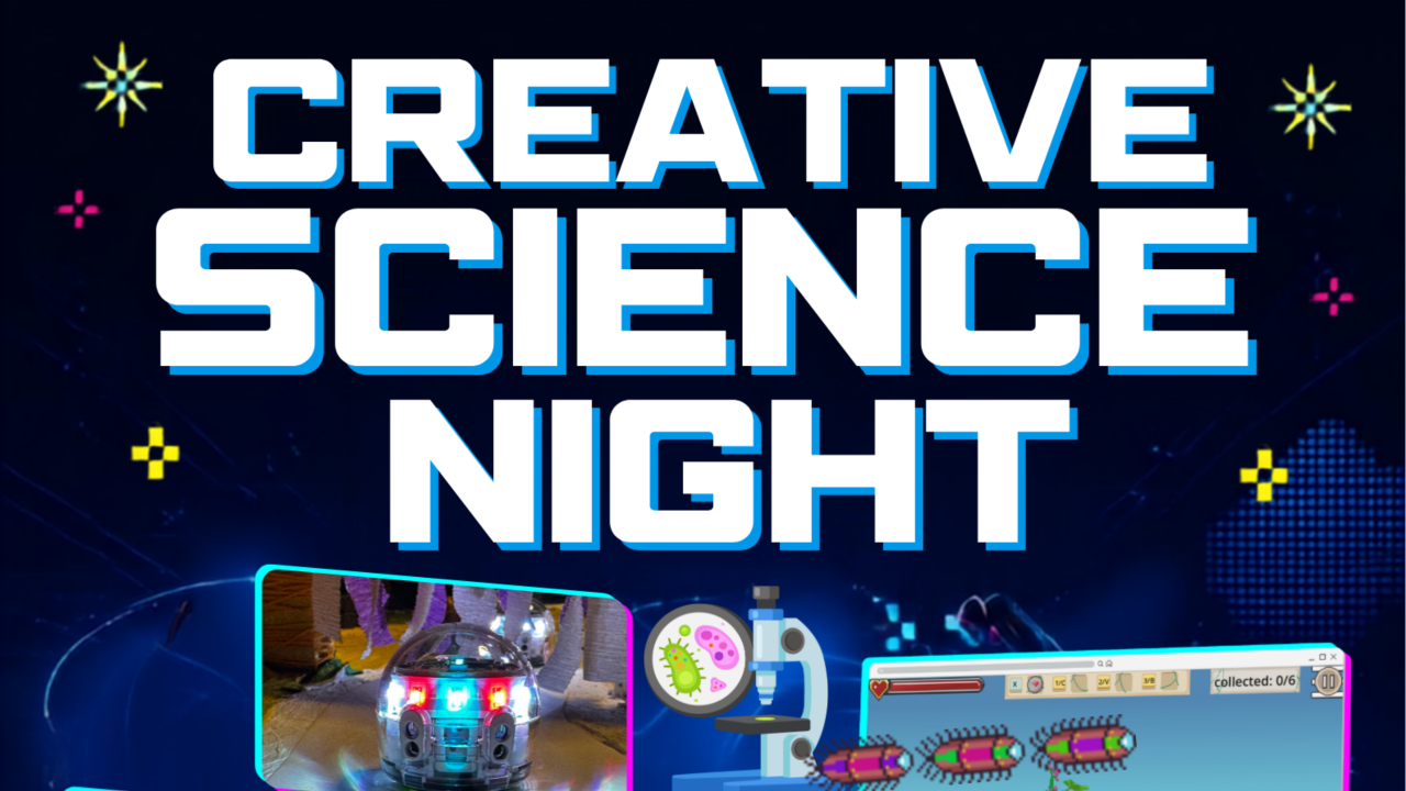 Abgebildet ist der Titel der Veranstaltung "Creative Science Night". Darunter sind kleine Roboter "Ozobots". // © Stadtbibliothek Stralsund Abgebildet ist der Titel der Veranstaltung "Creative Science Night". Darunter sind kleine Roboter "Ozobots". // © Stadtbibliothek Stralsund