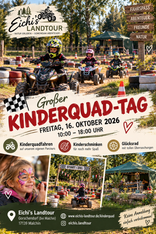 Kinder beim Quadfahren auf einem Kinderquad-Parcours mit Kinderschminken und  Veranstaltungszelt &ndash; Motiv zum Kinderquad-Tag bei Eichi&rsquo;s Landtour. // &copy; Eichis Landtour - KI gest&uuml;tzte Bildgestaltung