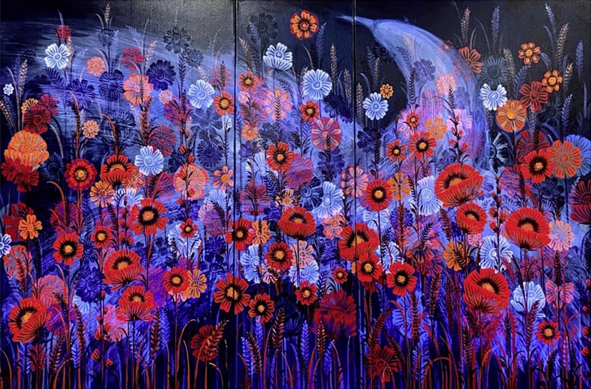 Olha Cheremushkina: Erinnerung an bl&uuml;hendes Land. Malerei, Acryl auf Leinwand // &copy; Olha Cheremushkina