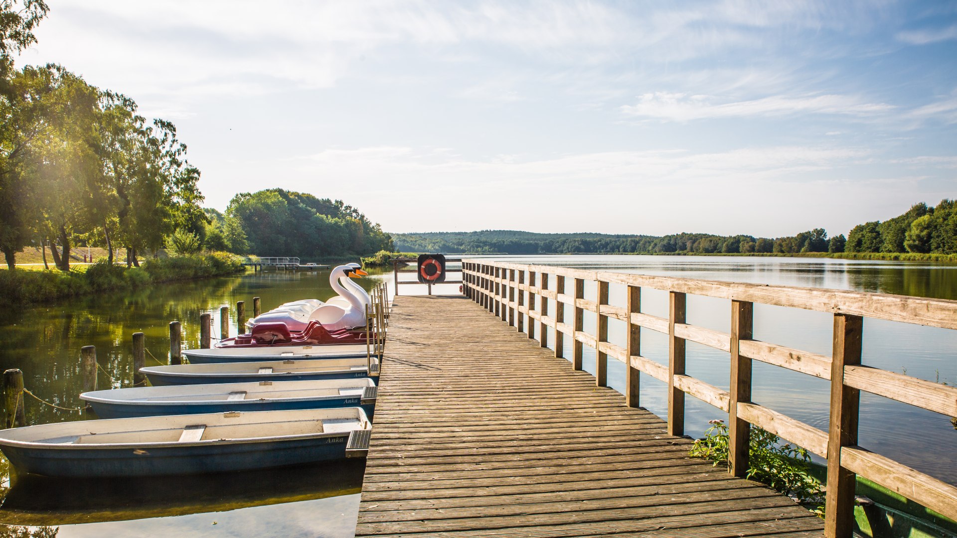 Een steiger met roeibootverhuur in Loddin am See.