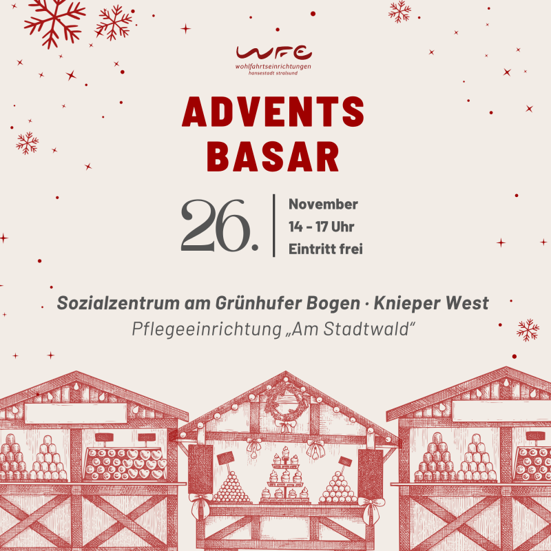 Plakat til adventsbasaren i socialcentret ved Grünhufer Bogen med juleagtige illustrationer af markedsboder og snefnug samt oplysninger om dato, klokkeslæt og sted. // © Claudia Zemke Plakat til adventsbasaren i socialcentret ved Grünhufer Bogen med juleagtige illustrationer af markedsboder og snefnug samt oplysninger om dato, klokkeslæt og sted. // © Claudia Zemke
