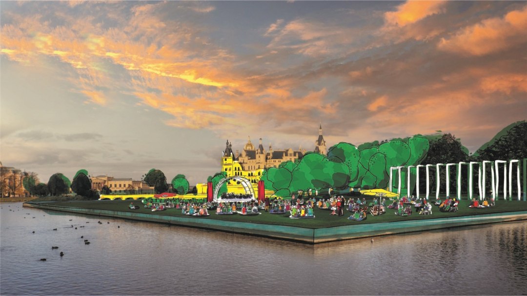 Eine Visualisierung der Schlossfestspiele auf der Schwimmenden Wiese in Schwerin in Sichtweite des Schweriner Schlosses., © Mecklenburgisches Staatstheater Eine Visualisierung der Schlossfestspiele auf der Schwimmenden Wiese in Schwerin in Sichtweite des Schweriner Schlosses., © Mecklenburgisches Staatstheater