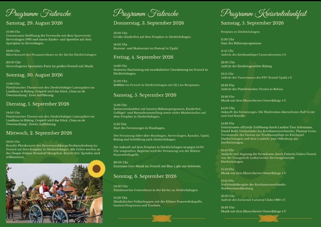 Programm Festwoche // © Verein zur Traditionspflege im Kirchspiel Diedrichshagen Programm Festwoche // © Verein zur Traditionspflege im Kirchspiel Diedrichshagen