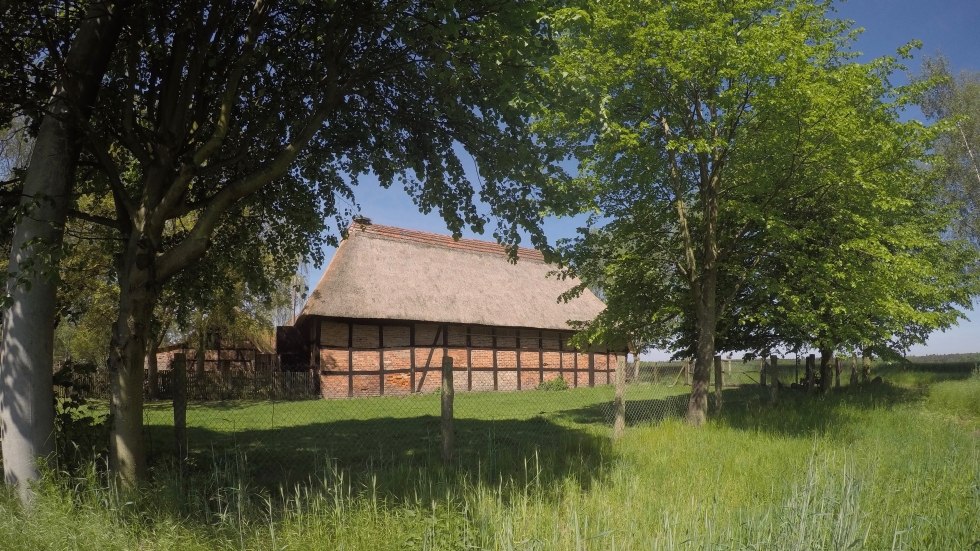 Zicht op de schuur vanuit het dorp, met pijpen bedekt dak // &copy; Museumsscheune Ehlershof
