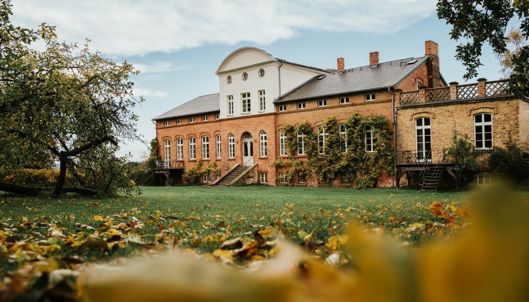 Zwischen alten Bäumen und herbstlichem Laub lädt dieses liebevoll restaurierte Gutshaus in Vorpommern zum Entdecken und Entspannen ein., © 1000seen.de Backstein-Gutshaus mit Weinbewuchs und Freitreppe in herbstlicher Parklandschaft in Vorpommern unter leicht bewölktem Himmel.