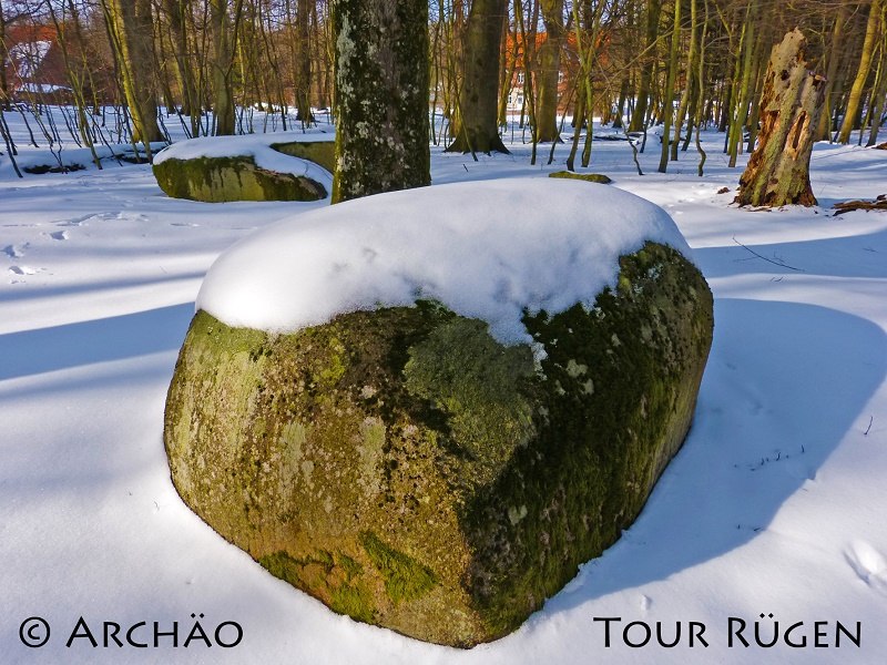 de offerstenen bij de Werder boswachtershut in het besneeuwde bos van Stubnitz // &copy; Arch&auml;o Tour R&uuml;gen