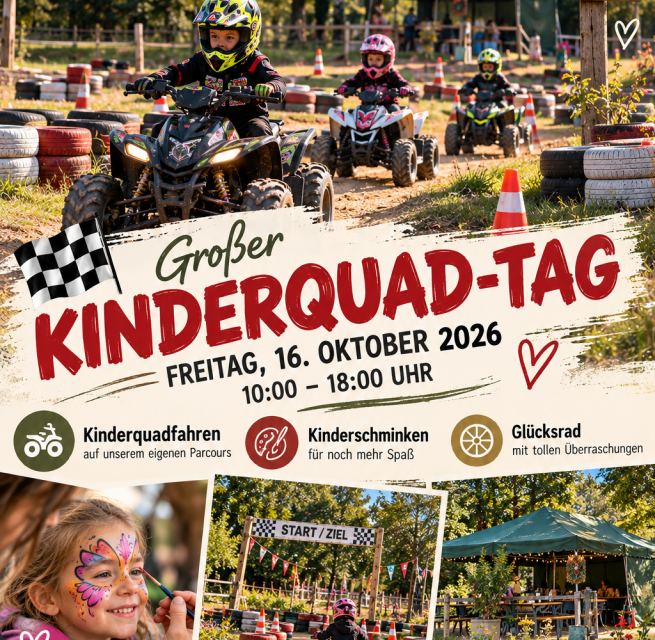 Kinder beim Quadfahren auf einem Kinderquad-Parcours mit Kinderschminken und  Veranstaltungszelt &ndash; Motiv zum Kinderquad-Tag bei Eichi&rsquo;s Landtour. // &copy; Eichis Landtour - KI gest&uuml;tzte Bildgestaltung