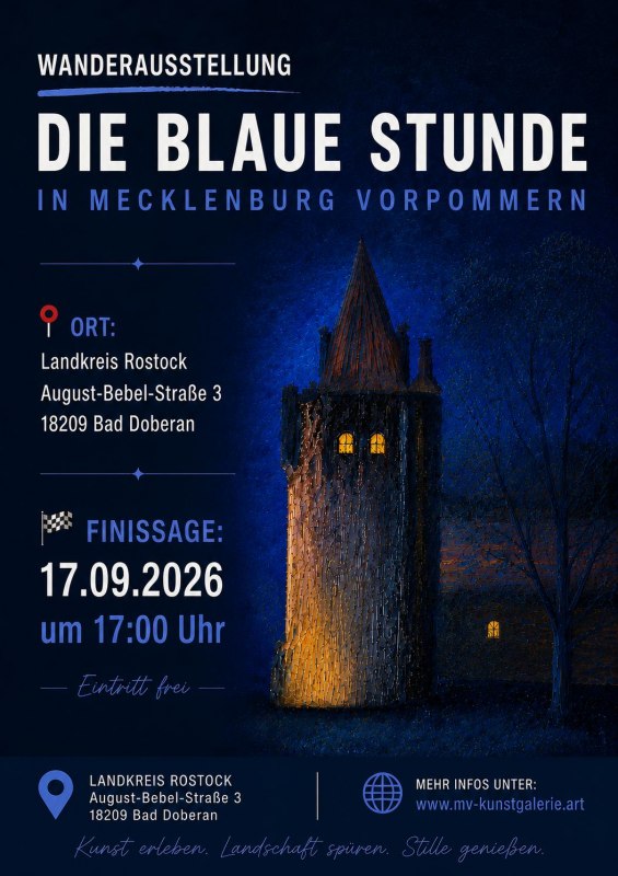 Affiche voor de afsluiting van de tentoonstelling „Het blauwe uur in Mecklenburg-Vorpommern” // © Eigenes Werk; MV-Kunst Galerie am Mammutbaum Affiche voor de afsluiting van de tentoonstelling „Het blauwe uur in Mecklenburg-Vorpommern” // © Eigenes Werk; MV-Kunst Galerie am Mammutbaum
