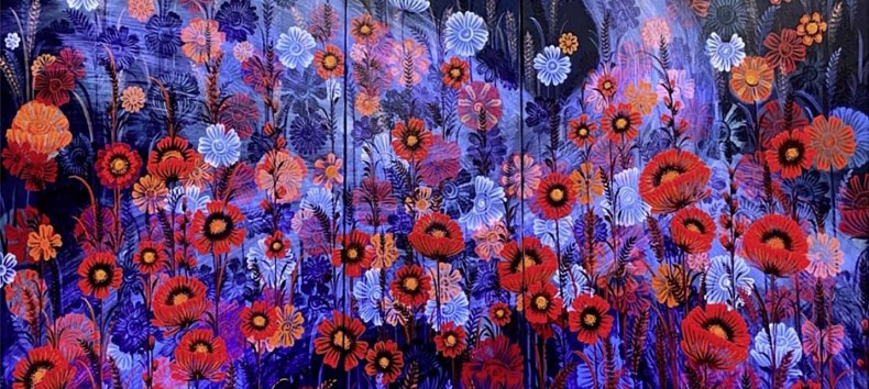 Olha Cheremushkina: Erinnerung an bl&uuml;hendes Land. Malerei, Acryl auf Leinwand // &copy; Olha Cheremushkina