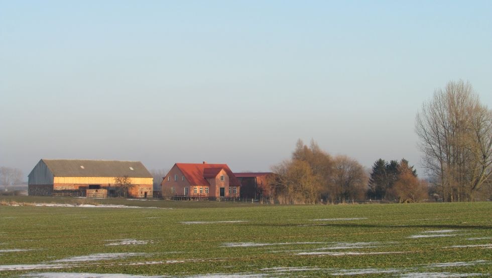 Der Gänsehof liegt am östlichen Rand des Dorfes Ladenthin. Die beiden großen Back- und Feldsteinscheunen sind unübersehbar. // © Grüner Gänsehof Der Gänsehof liegt am östlichen Rand des Dorfes Ladenthin. Die beiden großen Back- und Feldsteinscheunen sind unübersehbar. // © Grüner Gänsehof